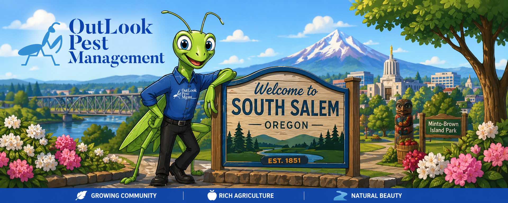 Cartoon landing page banner for OutLook Pest Management featuring Manny the Mantis in a blue uniform shirt with OutLook Pest Management logo and black pants standing beside a “Welcome to South Salem, Oregon” sign, with South Salem landmarks including Minto-Brown Island Park, river bridge, Mt. Hood in the distance, flowering landscapes, and Salem city elements. Fun family-friendly pest control banner representing local residential and commercial pest services in South Salem, Oregon.