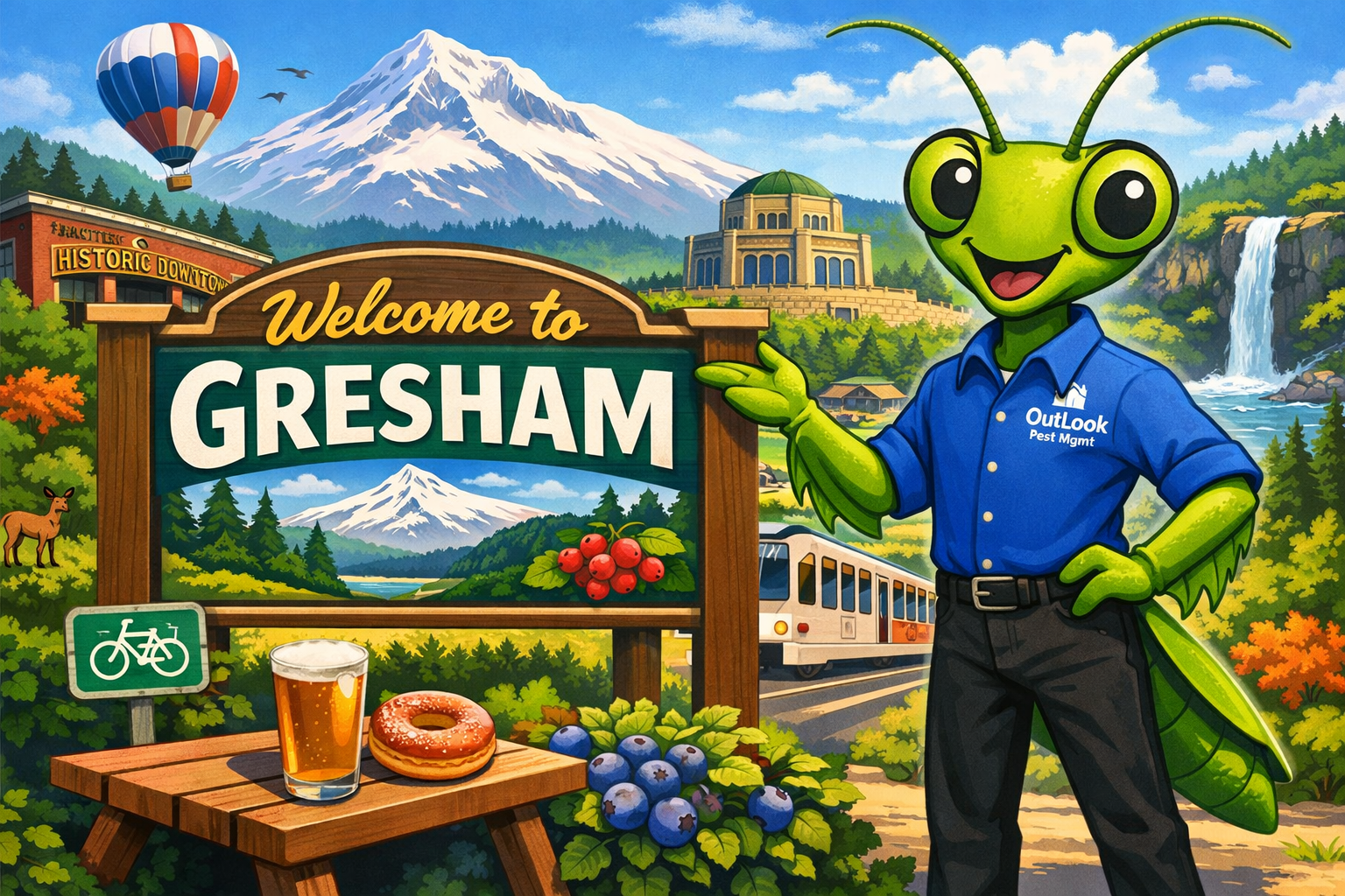 Manny the Mantis Welcome to Gresham Oregon pest control banner.