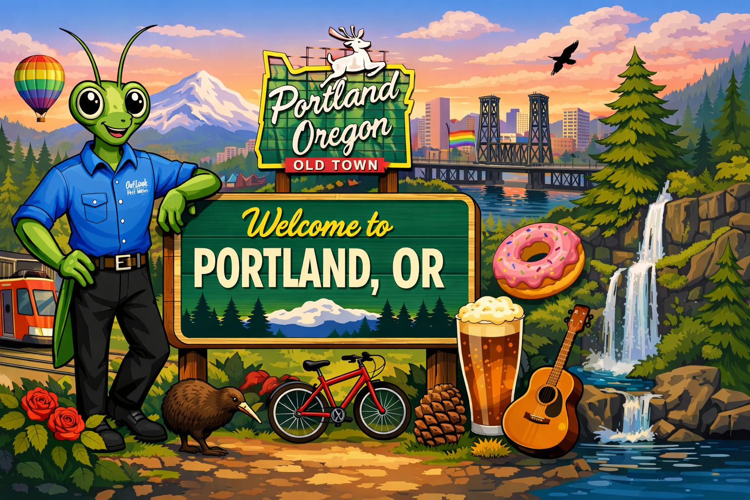 OutLook Pest Management Manny the Mantis welcoming customers to Portland Oregon pest control services for ants spiders rodents and more Manny the Mantis OutLook Pest Management Portland Oregon pest control services banner featuring ants spiders rodent control in Portland OR with Mount Hood skyline and local landmarks