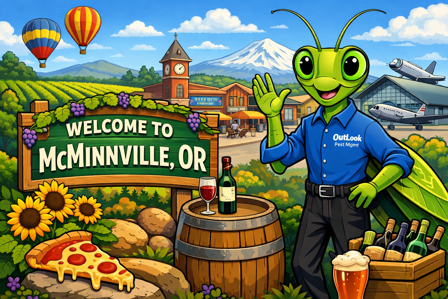 Manny the Mantis Welcome to McMinville Oregon pest control banner.