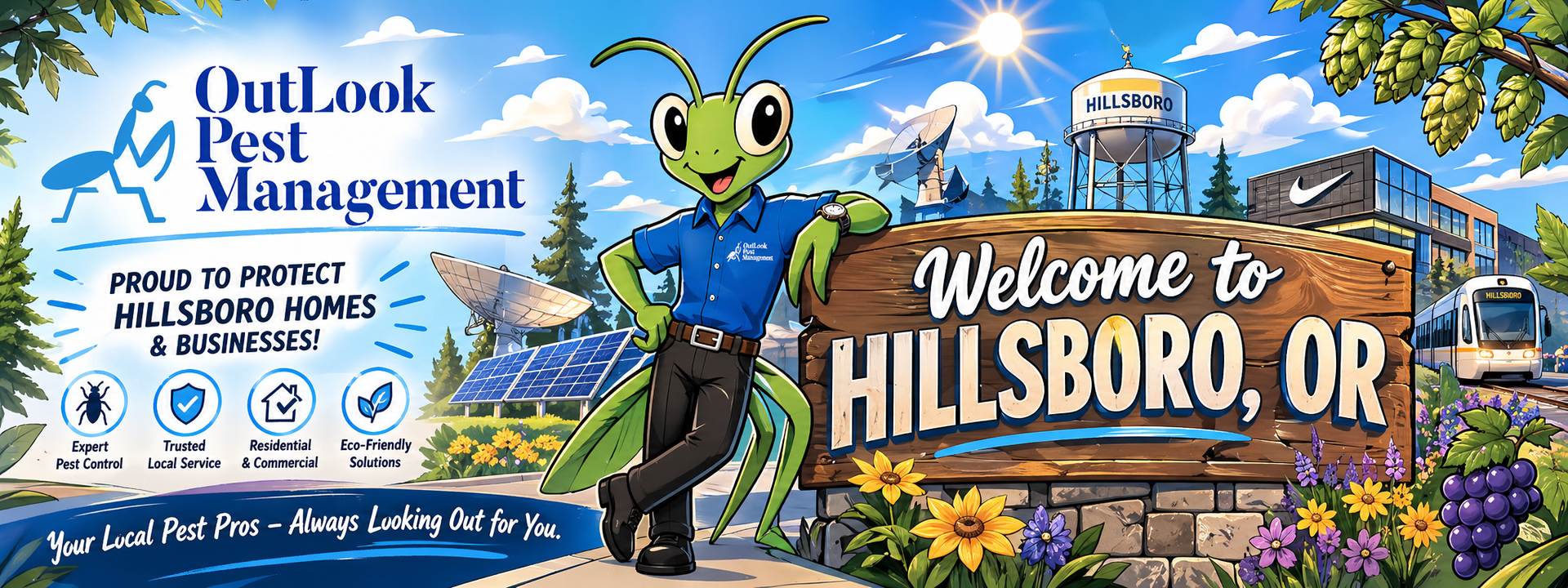 Cartoon banner of Manny the Mantis from OutLook Pest Management standing beside a “Welcome to Hillsboro, OR” sign with Intel campus, Hillsboro water tower, MAX light rail, Oregon hop fields and local landmarks, promoting pest control services in Hillsboro Oregon for ants, spiders, wasps and rodent control.