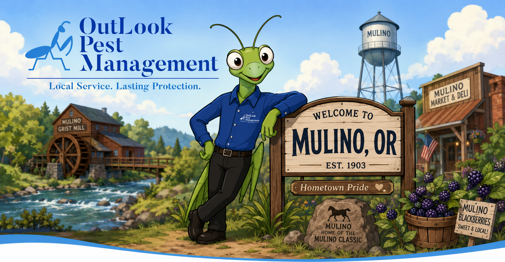 OutLook Pest Management proudly provides expert pest control services in Mulino, OR for ants, spiders, rodents, wasps, and other common Oregon pests with no contracts and over 13 years of experience. Cartoon banner featuring Manny the Mantis wearing an OutLook Pest Management uniform standing next to a Mulino, OR welcome sign with local Mulino landmarks, creek, mill, and rural scenery, representing local pest control services for homes and businesses in Mulino, Oregon, Beavercreek, Molalla, Oregon City, Canby, and surrounding Clackamas County communities.