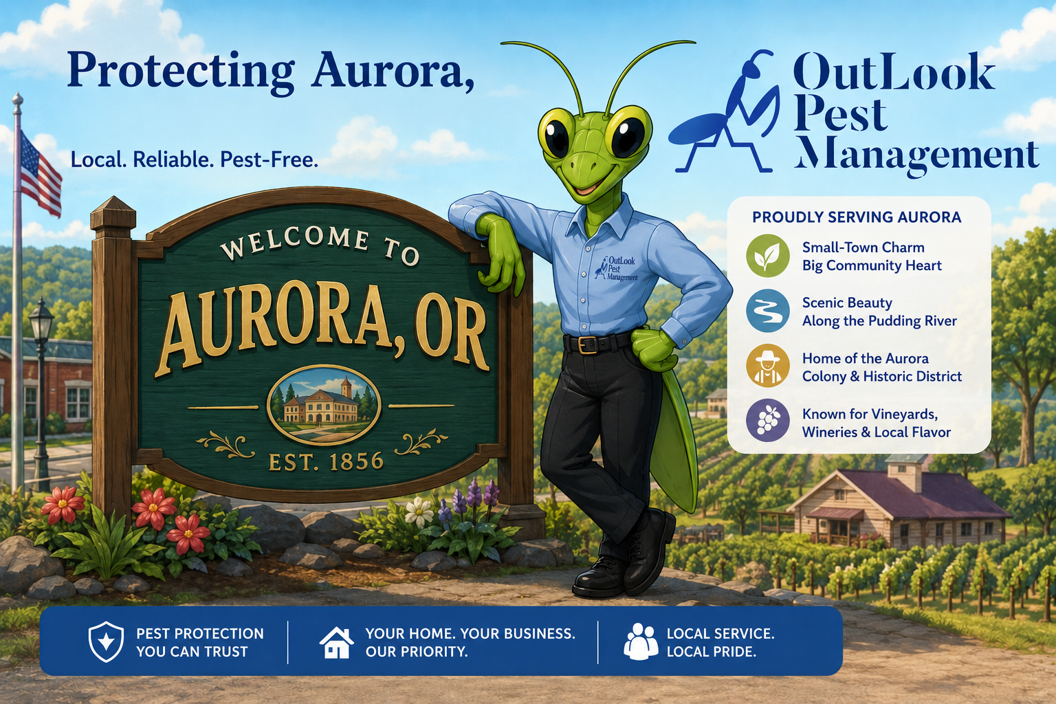 Cartoon banner featuring Manny the Mantis, the mascot of OutLook Pest Management, standing beside the Welcome to Aurora, Oregon sign. Manny wears a blue button-up shirt with the OutLook Pest Management logo and black pants. The background showcases Aurora's historic charm, vineyards, wineries, rural countryside, and scenic landscapes. The banner highlights local pest control services for homes and businesses in Aurora, OR, including ant control, spider control, rodent control, and year-round pest management.