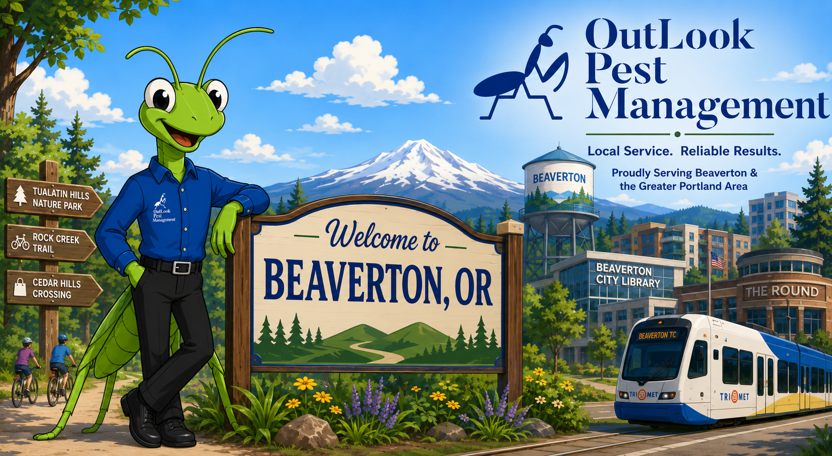 Cartoon Manny the Mantis beside a Welcome to Beaverton OR sign with local landmarks and OutLook Pest Management logo