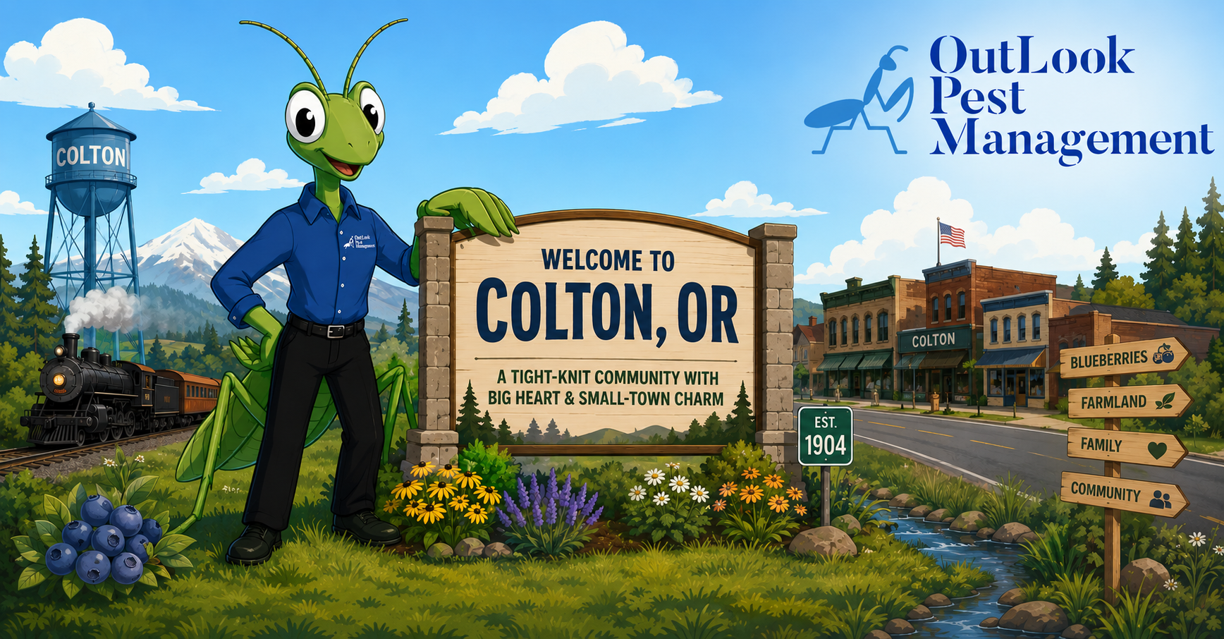 OutLook Pest Management proudly provides professional pest control services in Colton, Oregon and surrounding Clackamas County communities. Cartoon Manny the Mantis welcomes visitors to Colton, Oregon with local landmarks and OutLook Pest Management branding.