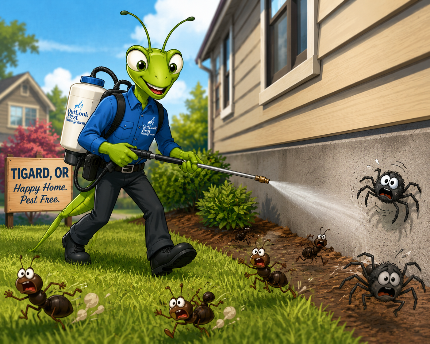 OutLook Pest Management mascot Manny the Mantis wearing a blue company uniform and backpack sprayer performing professional ant and spider pest control treatment around a residential home foundation in Tigard, Oregon while ants and spiders flee from treatment