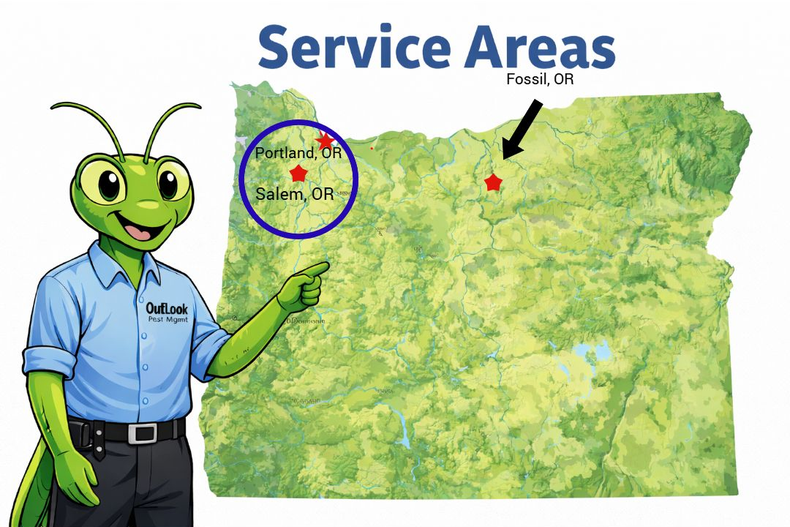Oregon pest control service area map for OutLook Pest Management covering Portland Metro, Salem, Canby, Woodburn, Hillsboro, and surrounding Willamette Valley communities.