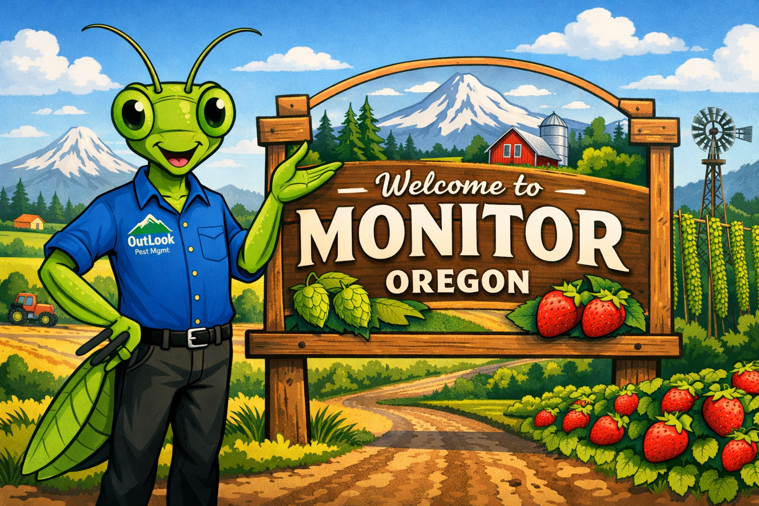 OutLook Pest Management proudly serving Monitor, Oregon with Manny the Mantis standing beside the Monitor OR welcome sign in Oregon farm country. Cartoon Manny the Mantis mascot from OutLook Pest Management wearing a blue button-up shirt with company logo standing next to a Monitor Oregon welcome sign with Mount Hood, farmland, and strawberries in the background.