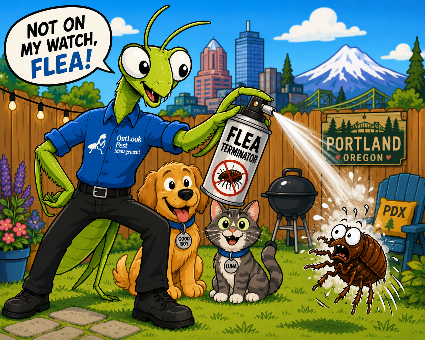 Cartoon illustration of Manny the Mantis from OutLook Pest Management wearing a blue company shirt and black pants spraying a flea in a Portland, Oregon backyard while protecting a dog and cat from fleas and pests.