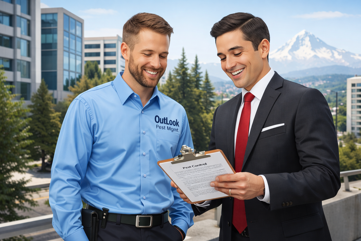 OutLook Pest Management technician reviewing a pest control service agreement with a local Oregon business owner for commercial pest protection. OutLook Pest Management technician meeting Oregon business owner about commercial pest control service.