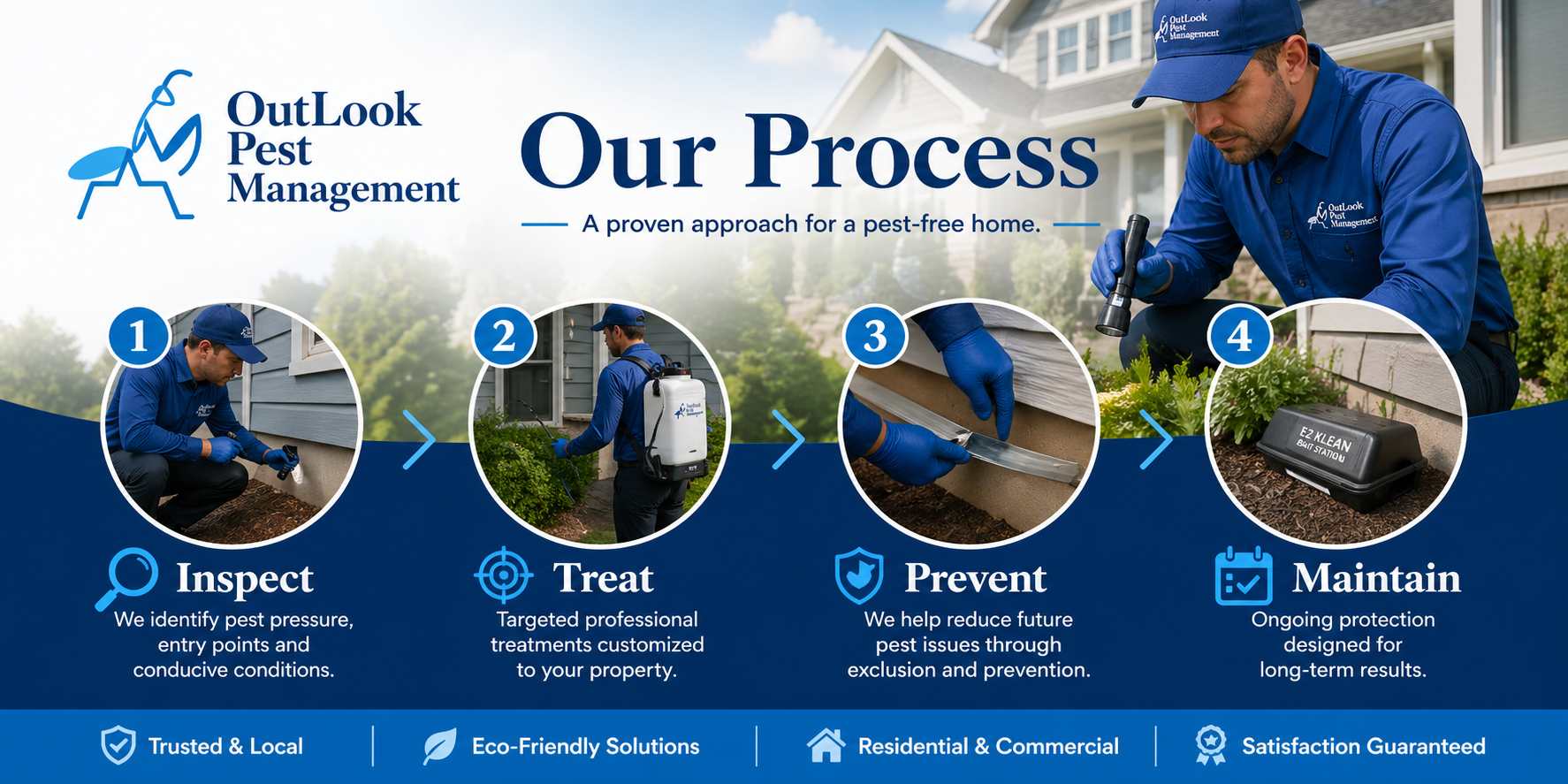OutLook Pest Management pest control process banner showing inspection, treatment, prevention and maintenance services for residential and commercial pest control in Oregon.