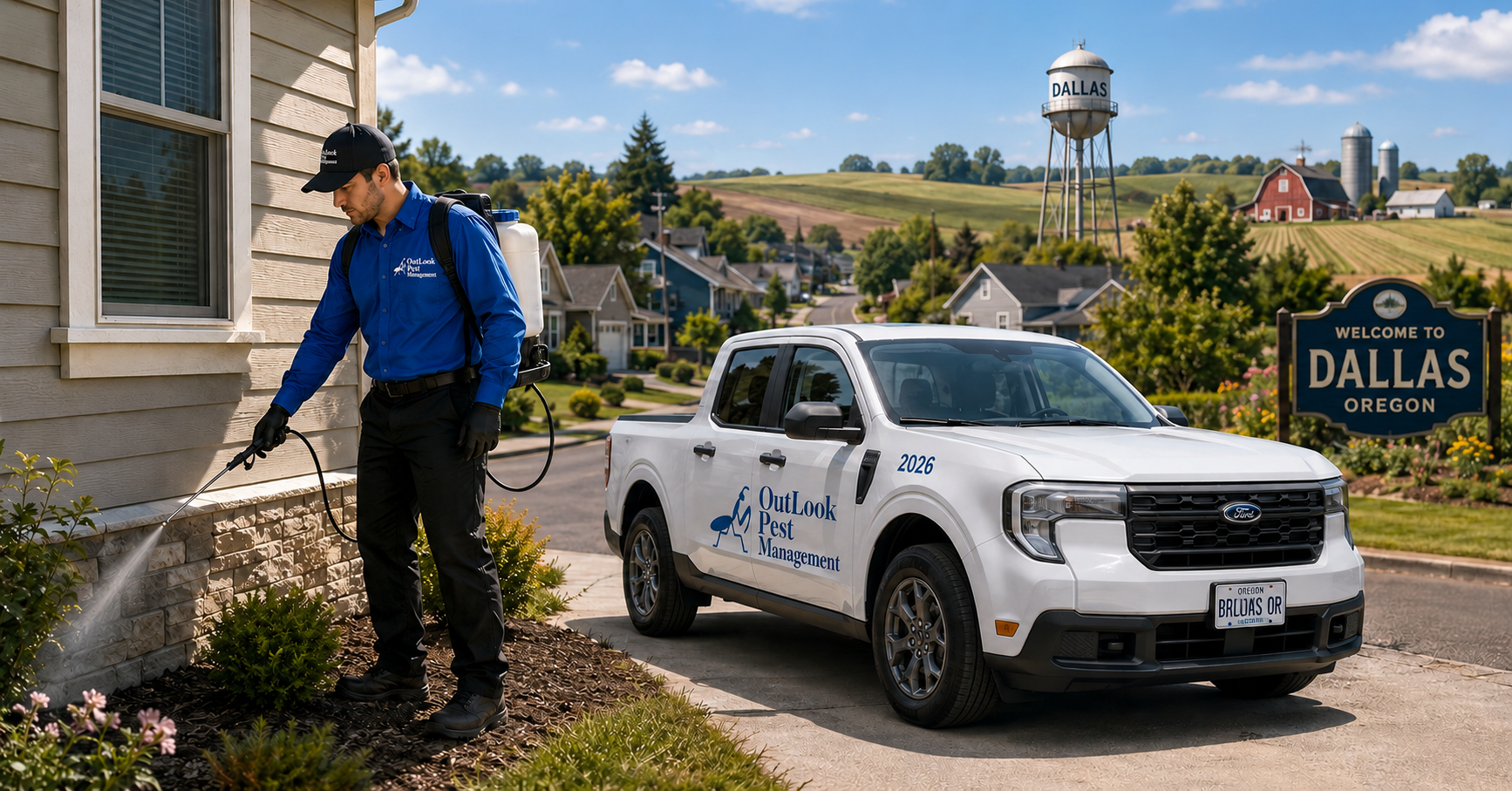 Professional pest control service in Dallas, OR by OutLook Pest Management. Technician applying exterior treatment to protect homes from ants, spiders, wasps, rodents, and common Oregon pests. OutLook Pest Management technician treating the exterior foundation of a home in Dallas, Oregon, with a backpack sprayer beside a branded Ford Maverick truck, featuring the Dallas water tower and rural Polk County farmland in the background.