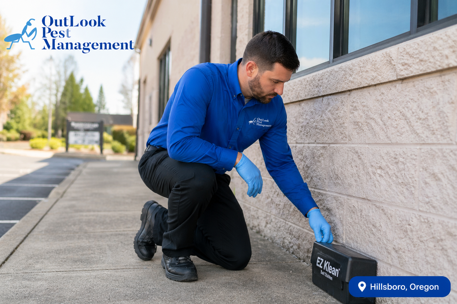 Professional OutLook Pest Management technician in a blue uniform shirt and black pants inspecting an EZ Klean rodent bait station beside a commercial building in Hillsboro, Oregon. Technician is kneeling along the exterior foundation performing rodent monitoring service, with OutLook Pest Management logo visible and business park setting in the background.