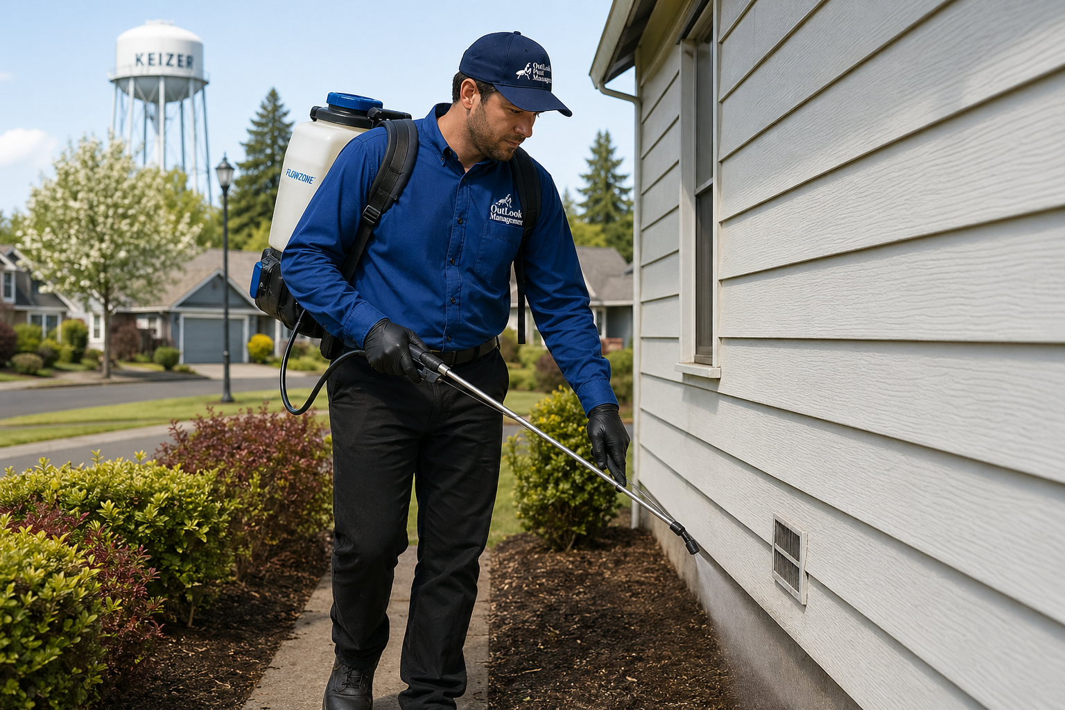 Keizer Oregon pest control technician spraying home foundation with Flowzone backpack sprayer – OutLook Pest Management residential perimeter pest treatment service in Keizer OR.