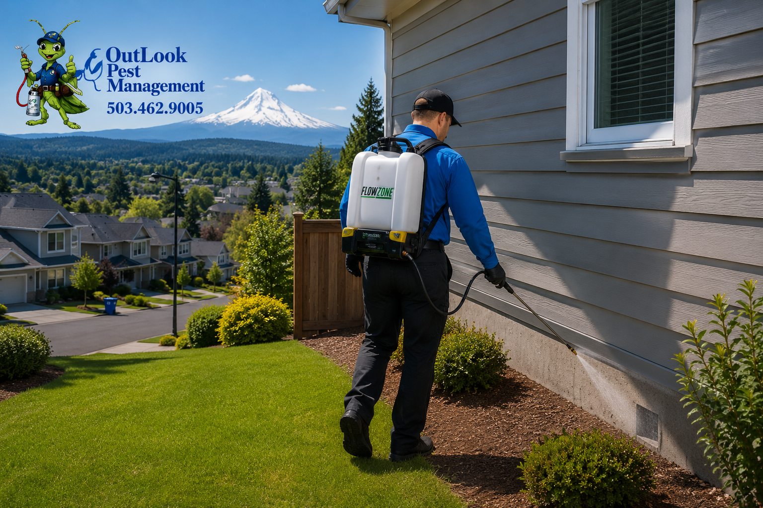 Pest control technician spraying a home foundation in Beaverton, OR using a FlowZone backpack sprayer for ant and spider prevention with Mount Hood visible in the distance