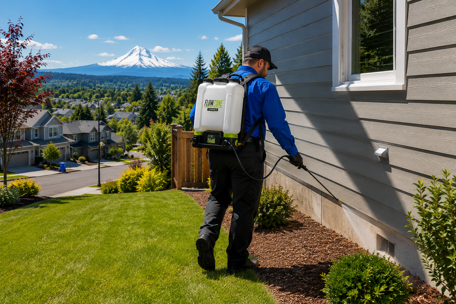 Protect your Salem-area home from ants, spiders, wasps, and other Oregon pests. OutLook Pest Management provides customized treatments, free callbacks for maintenance customers, and no contracts ever. Call today for reliable local pest control. OutLook Pest Management technician performing exterior pest control treatment on a Salem, Oregon home with Mount Hood visible in the background, helping prevent ants, spiders, and seasonal pests.