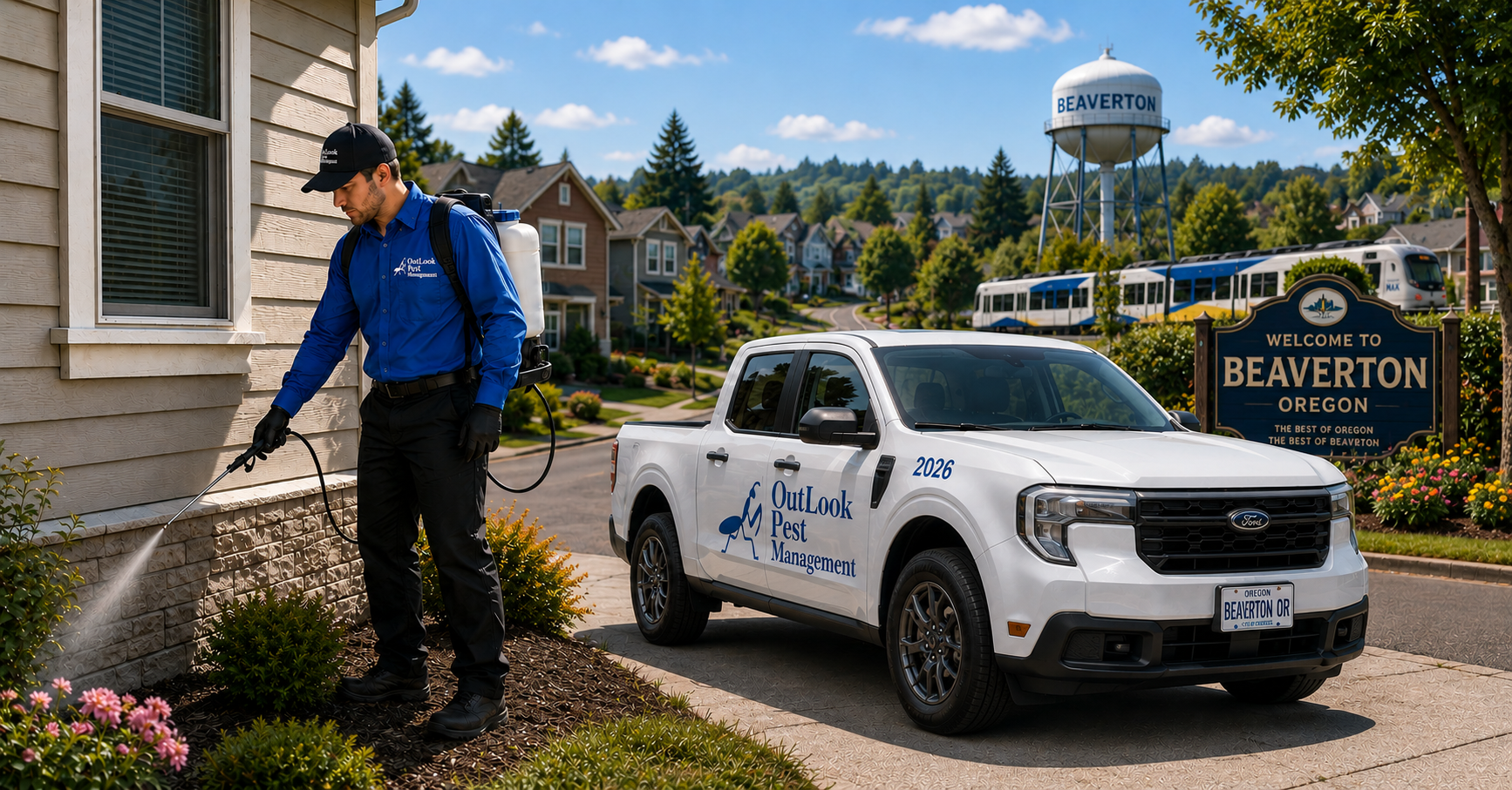 OutLook Pest Management technician spraying a home foundation in Beaverton, Oregon with a branded service truck in a suburban neighborhood
