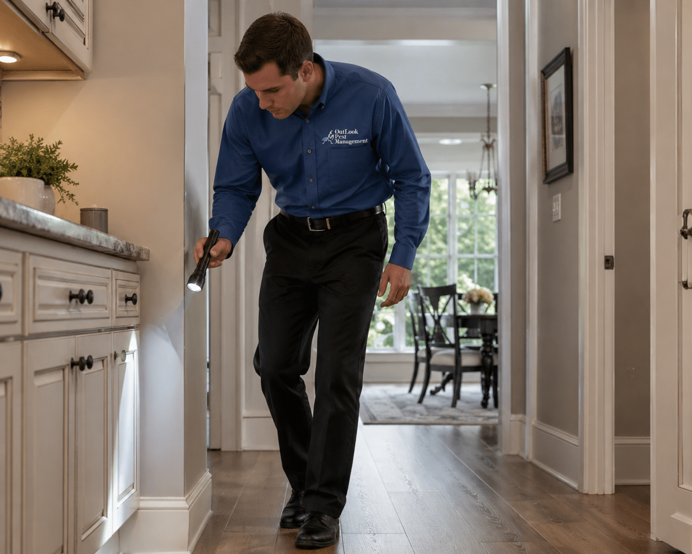 OutLook Pest Management technician in blue uniform and black pants performing a detailed pest inspection with flashlight inside a typical North Salem, Oregon home, checking for ants, spiders, rodents and hidden pest activity during residential pest control service.