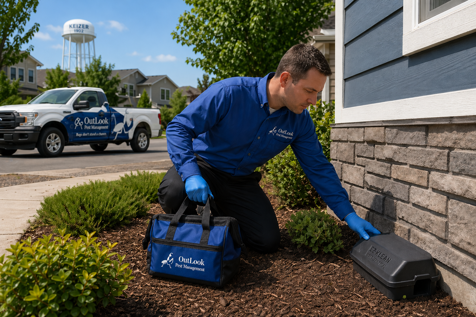 Keizer Oregon rodent control technician inspecting EZ Klean bait station at residential home with OutLook Pest Management Ford F150 service truck, professional rodent control and perimeter pest protection in Keizer OR.