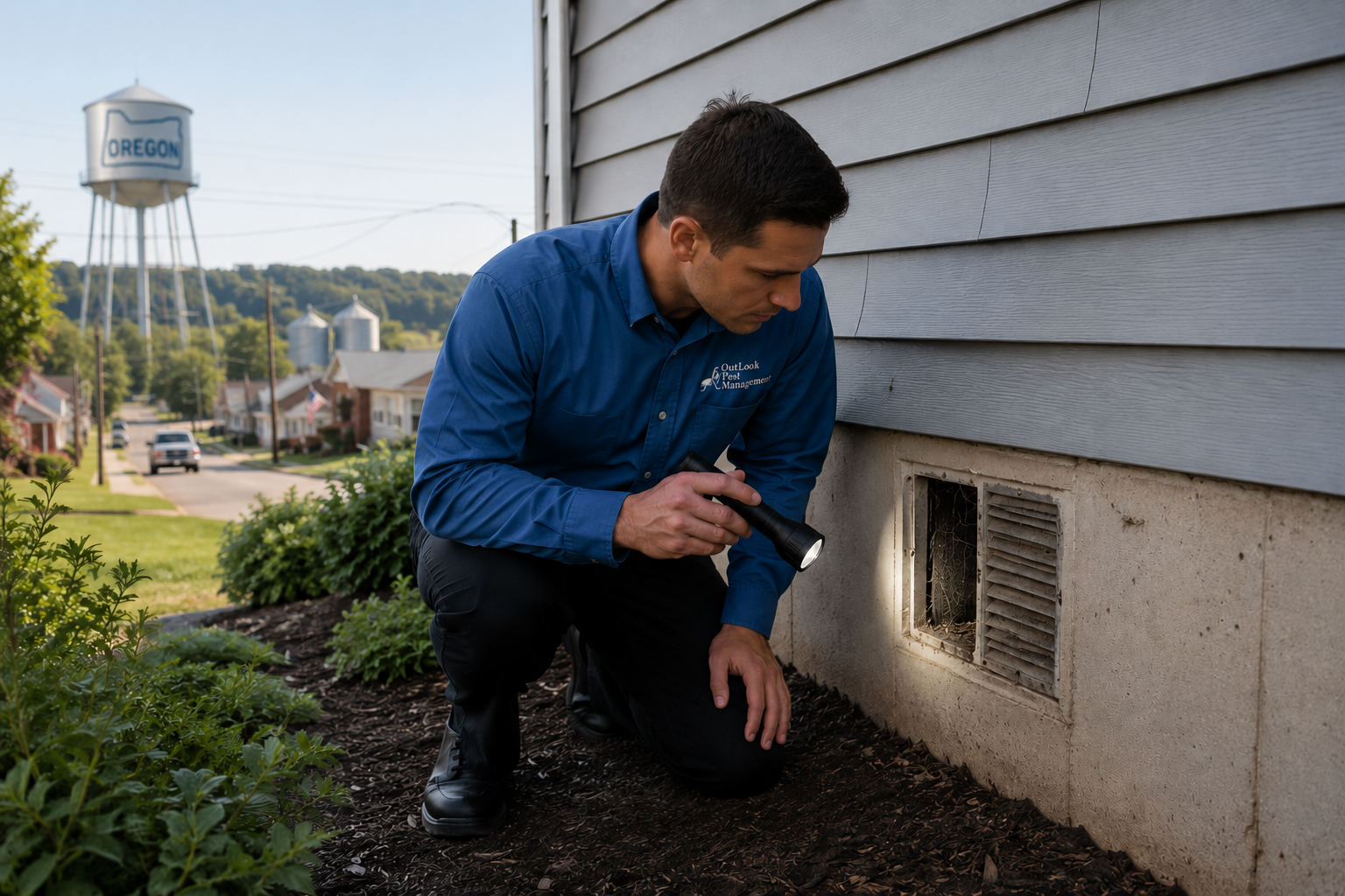 OutLook pest technician looking at vents for rodent intrusion in Lake Oswego, Oregon