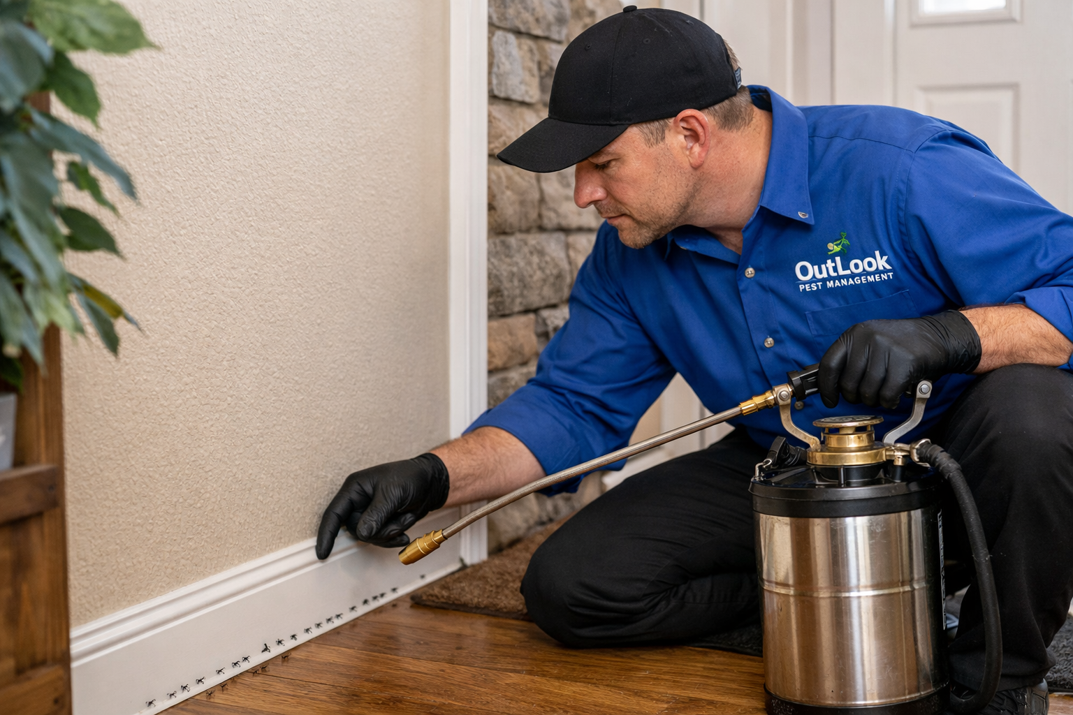 Pest control technician treating ants in Salem Oregon home near front door baseboards with B&G sprayer OutLook Pest Management