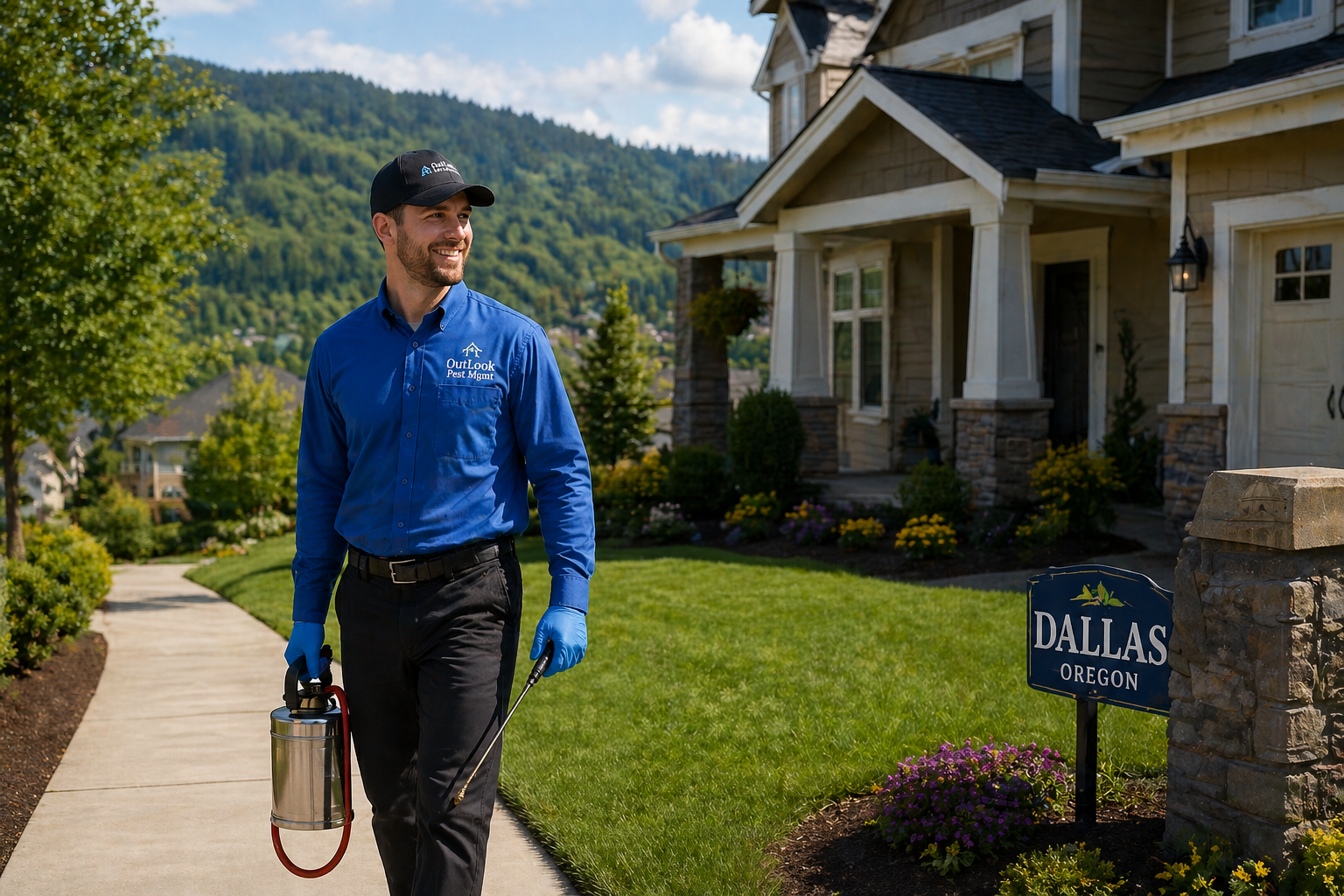 OutLook Pest Management technician wearing a blue logo button-up shirt and black pants servicing a clean Dallas, Oregon home with landscaped yard, foothill scenery, and residential neighborhood backdrop.
