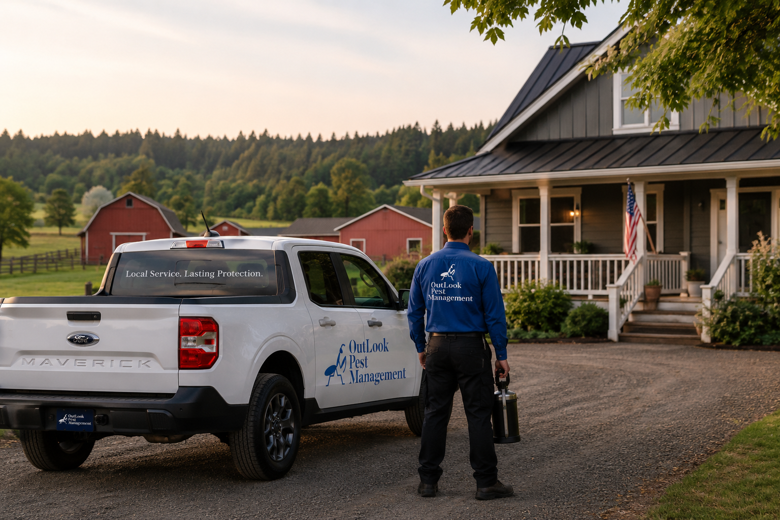 Pest control technician from OutLook Pest Management standing beside a service truck while inspecting a rural farmhouse in Aurora, Oregon before performing a professional pest control treatment. Technician is wearing a blue uniform shirt and black pants while evaluating the property for ants, spiders, rodents, wasps, and other common Oregon pests. Residential pest control services for homes, farms, barns, outbuildings, and acreage properties in Aurora, OR and surrounding communities including Canby, Hubbard, Woodburn, Wilsonville, and Molalla.