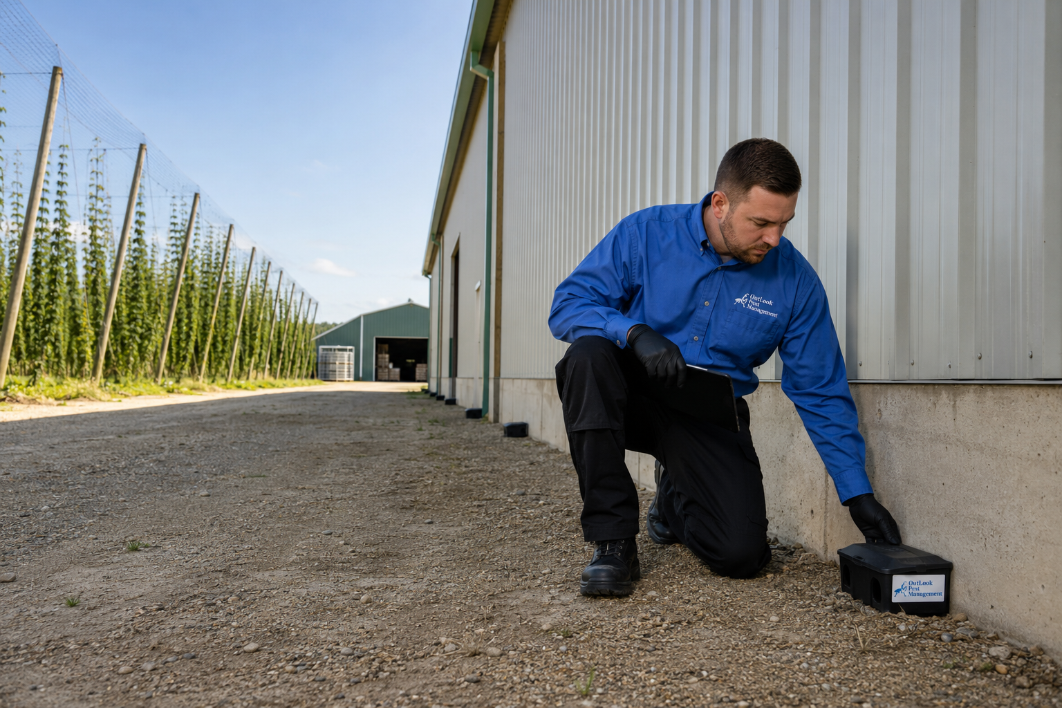 Professional pest control technician from OutLook Pest Management inspecting an exterior rodent bait station at a hop storage warehouse in Oregon. Technician is wearing a blue button-up uniform shirt with the OutLook Pest Management logo and black pants while performing an integrated pest management inspection around an agricultural facility. Exterior bait stations are installed along the warehouse foundation with a hop farm visible in the background. Commercial pest control services for warehouses, agricultural facilities, food processing, hop farms, rodent control, and integrated pest management in Aurora, Canby, Hubbard, Woodburn, Gervais, Salem, and surrounding Oregon communities.