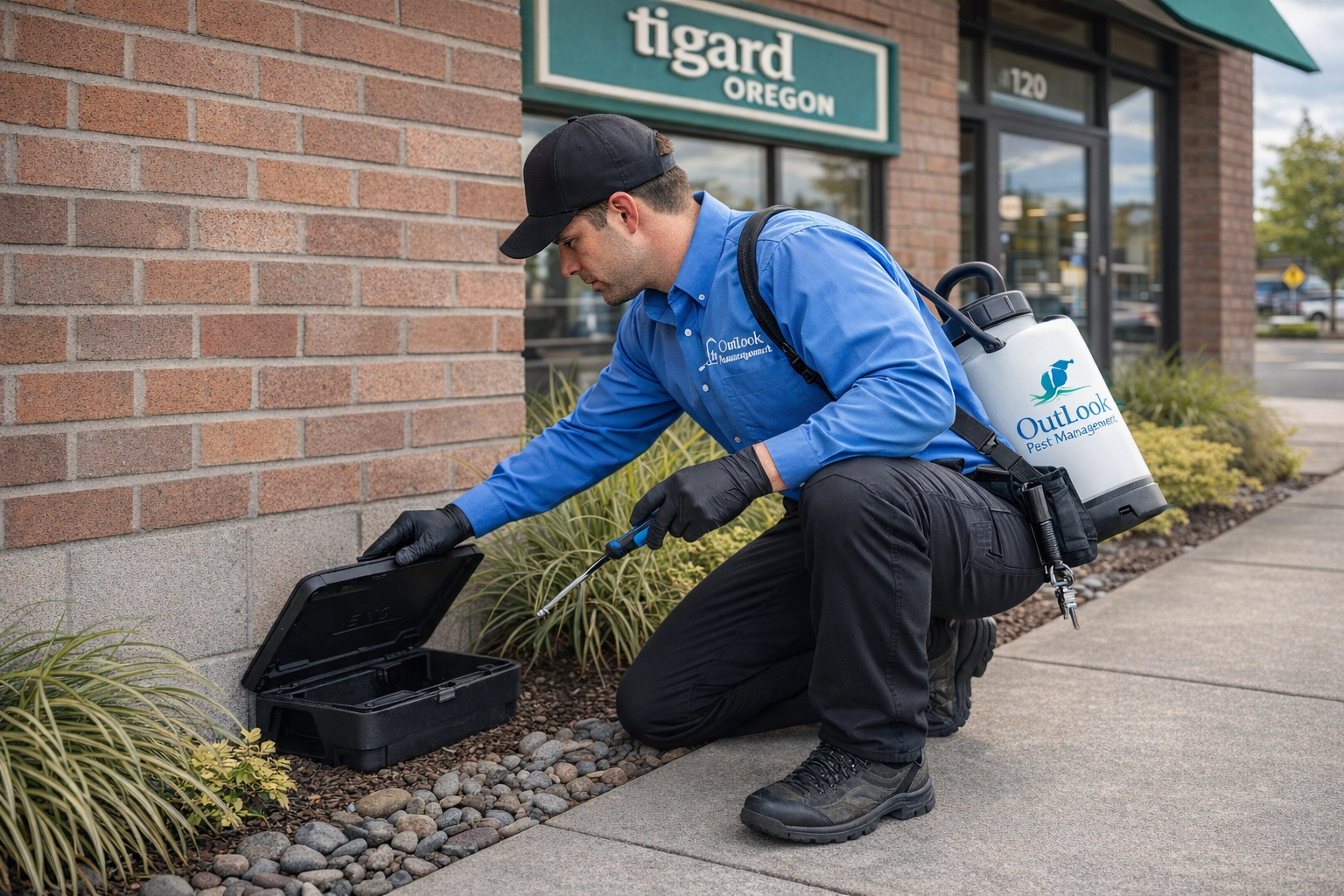 OutLook Pest Management technician servicing a rodent bait station at a Tigard, OR commercial property OutLook Pest Management technician inspecting an EVO rodent bait station outside a commercial property in Tigard, Beaverton, and Tualatin Oregon using professional pest control equipment
