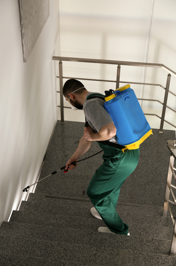 Pest control worker spraying pesticide on stairs.