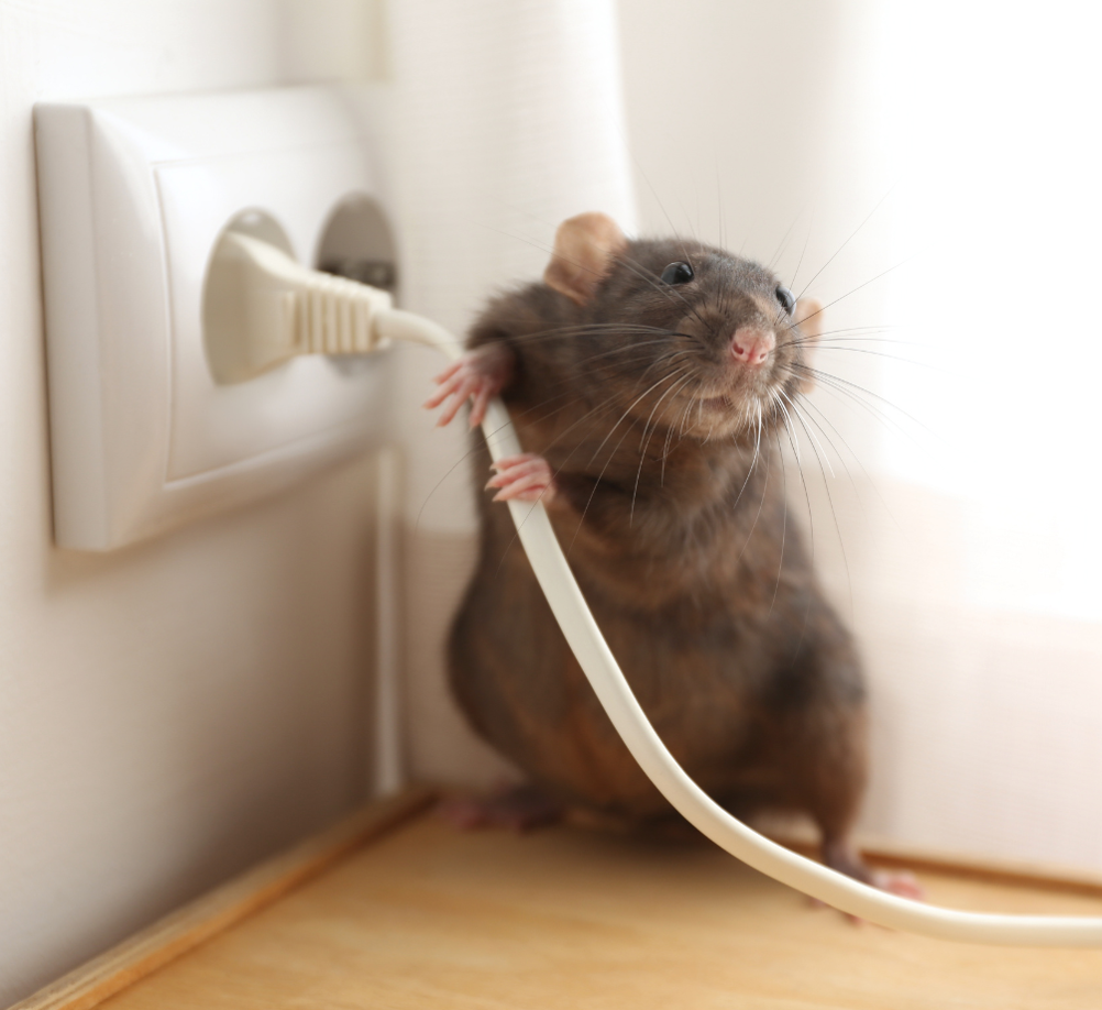 Rat near the power socket indoors.
