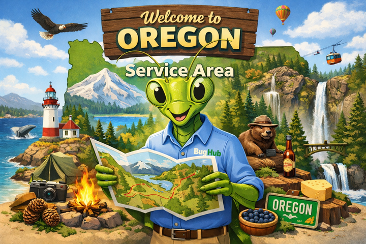 Cartoon Manny the Mantis wearing a blue button-up shirt with company logo, holding a map of Oregon with the state outline behind him and Oregon landmarks surrounding him, banner reading “Service Area” for OutLook Pest Management.