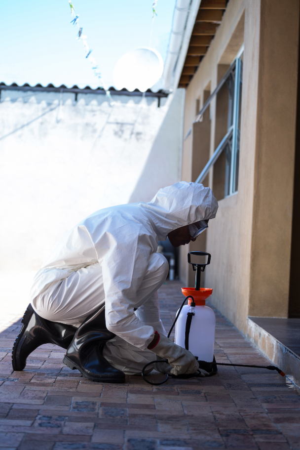 Pest Control technician teating front of home