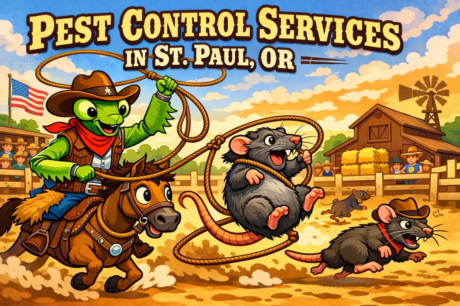 Cartoon Manny the Mantis cowboy wrangling rats at a rodeo representing rodent and pest control services in St. Paul Oregon by OutLook Pest Management