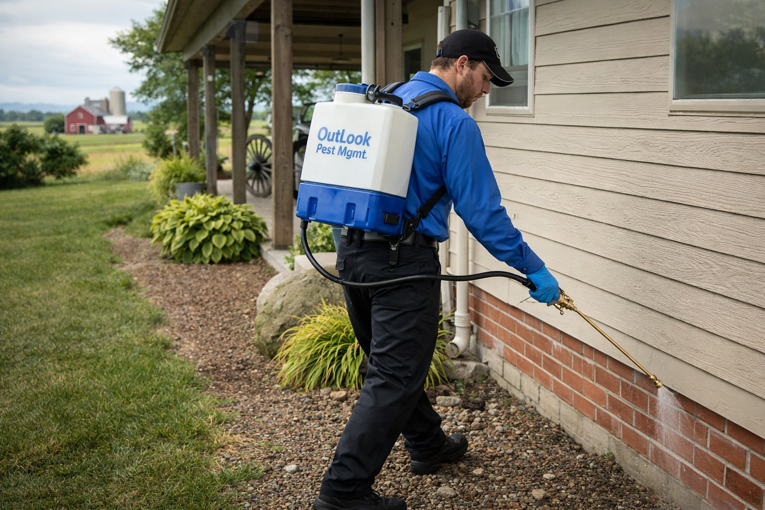 OutLook Pest Management technician spraying home in SE Salem