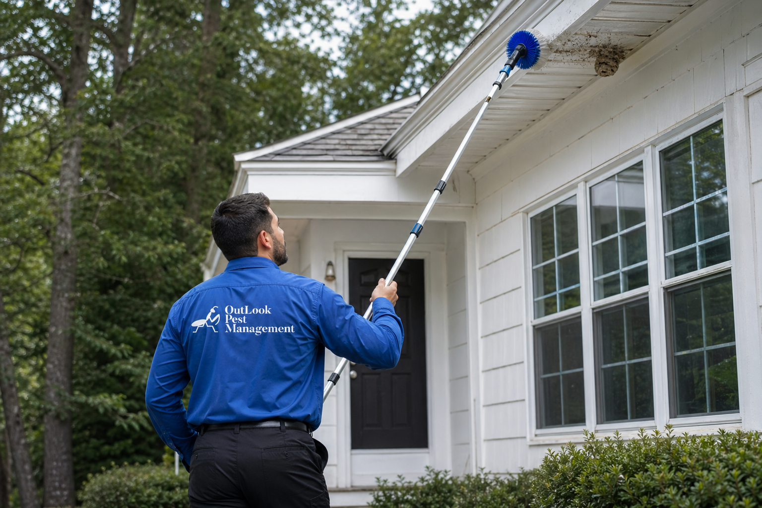 OutLook Pest Management technician in blue uniform and black pants dewebbing spider webs and removing wasp nests with an extension pole and blue round brush head at a North Salem Oregon home, residential pest control service for spiders, wasps and preventative exterior treatment.
