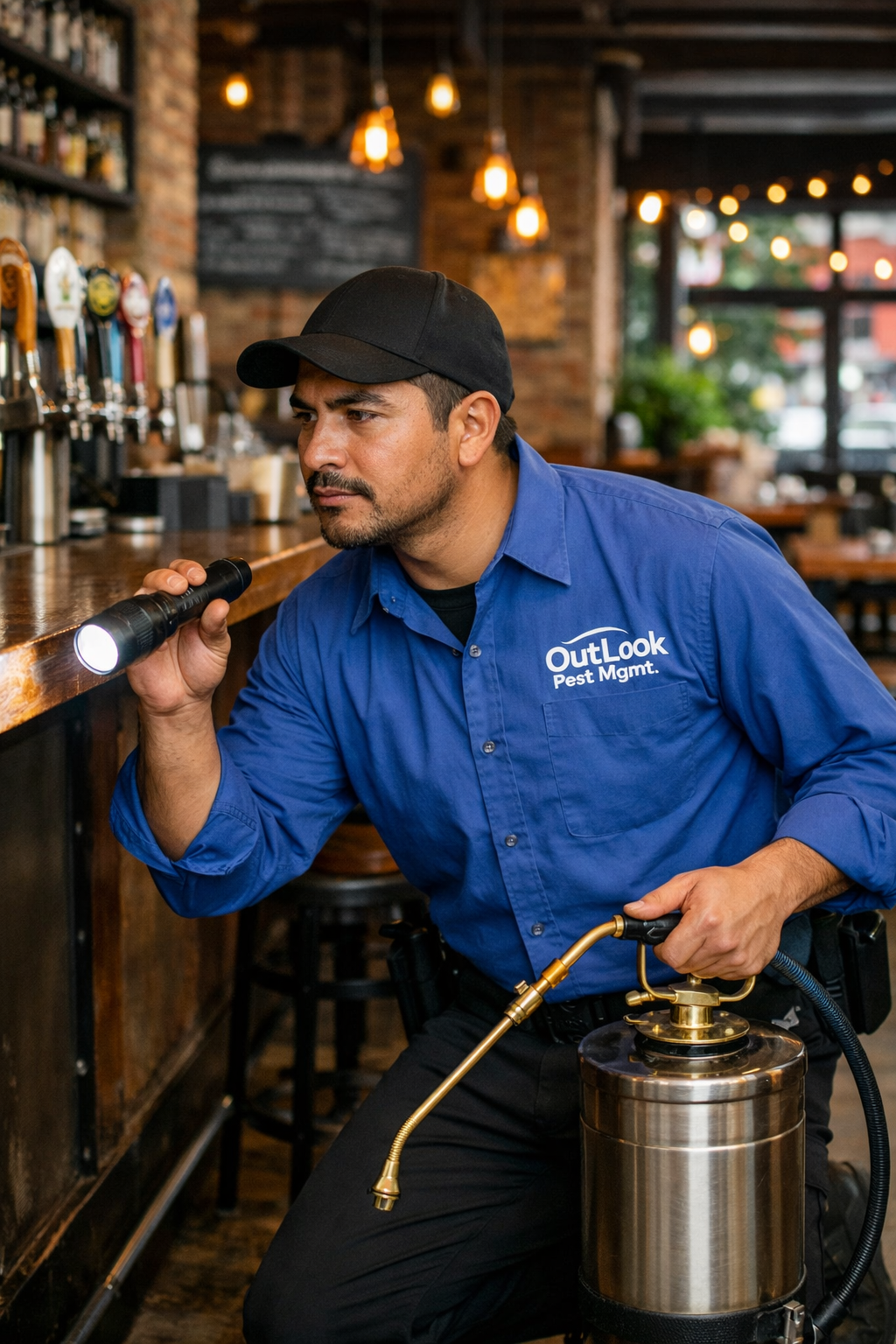 OutLook Pest Mgmt. technician inspecting a Portland restaurant interior for active pest issues with flashlight and sprayer. Outlook pest control technician in black pants and a blue OutLook Pest Mgmt. logo shirt inspecting the inside of a Portland-style restaurant with a flashlight and hand sprayer, checking for active pest issues near the bar area.