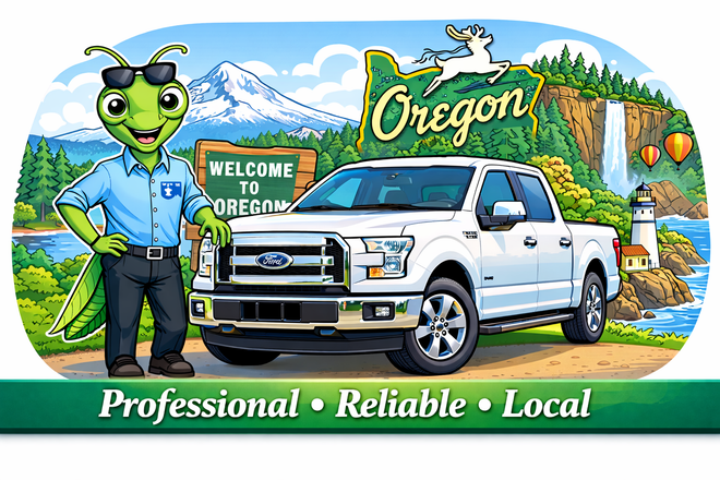 OutLook Pest Management – Professional • Reliable • Local Pest Control in Oregon Cartoon Manny the Mantis wearing a blue button-up shirt with OutLook Pest Management logo and black pants standing next to a white 2016 Ford F-150 with Oregon landmarks including Mount Hood, waterfall, lighthouse and forest background – Professional • Reliable • Local