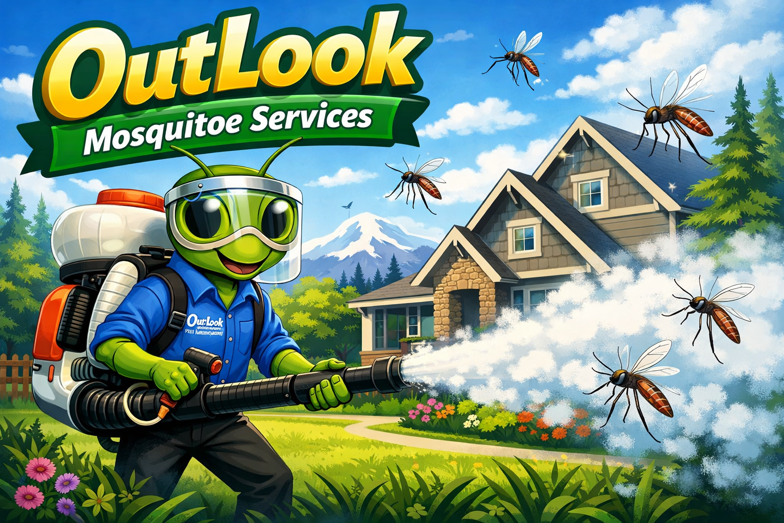 Manny the mantis treating an oregon suburban home for mosquitoes with a mist blower