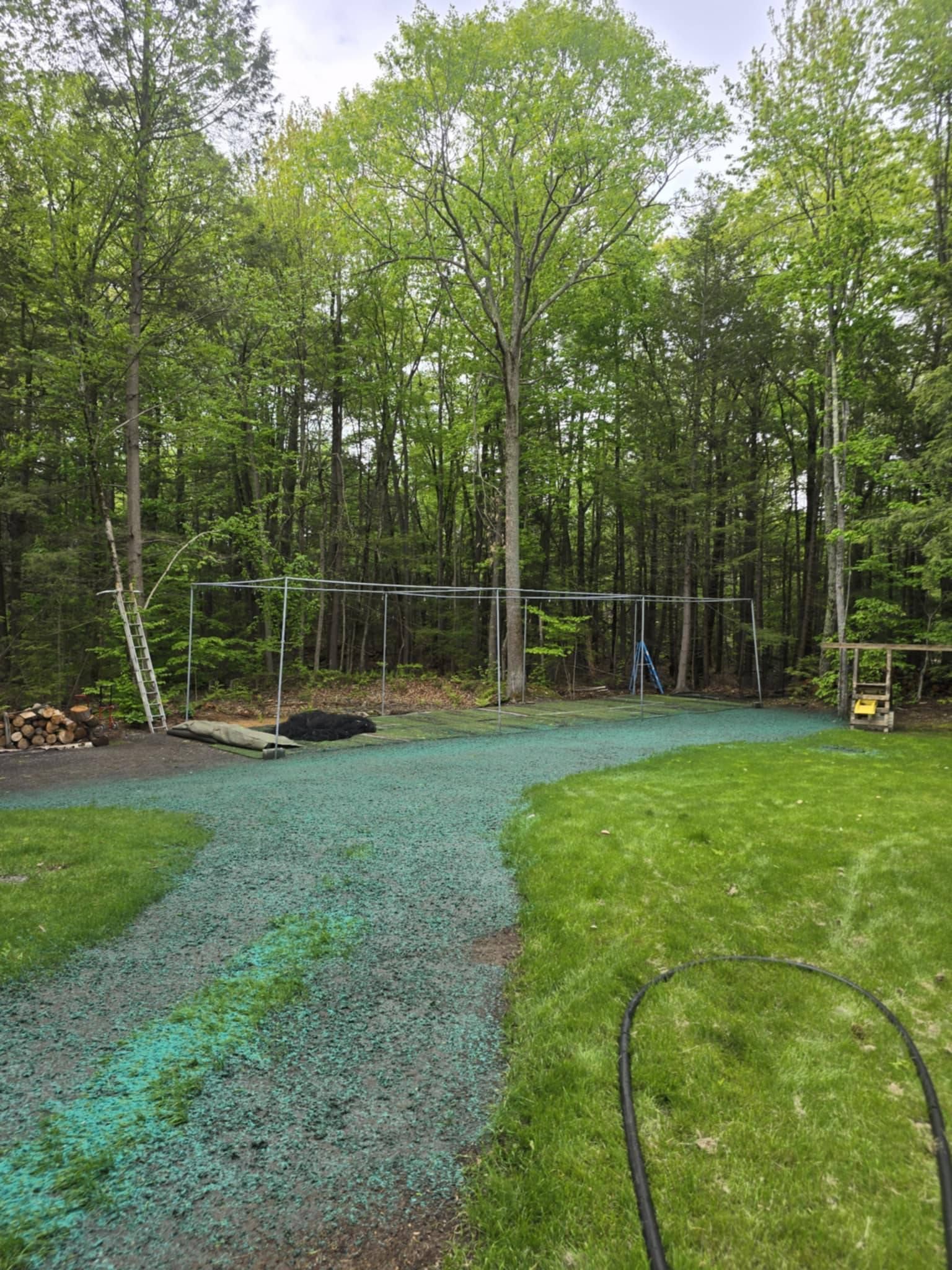 A newly seeded lawn with a green hue leads to a forest, with metal structures in the background.