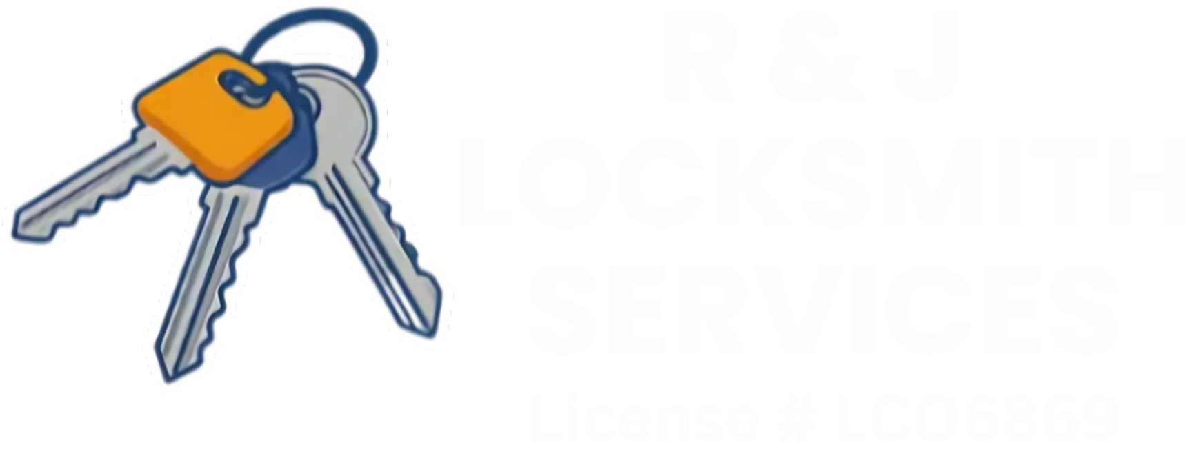 Logo for R & J Locksmith Services, featuring keys with a dark blue loop and an orange key head and red text.