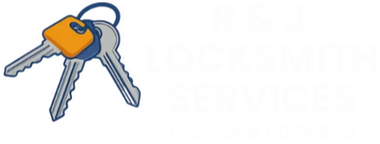 Logo for R & J Locksmith Services, featuring keys with a dark blue loop and an orange key head and red text.