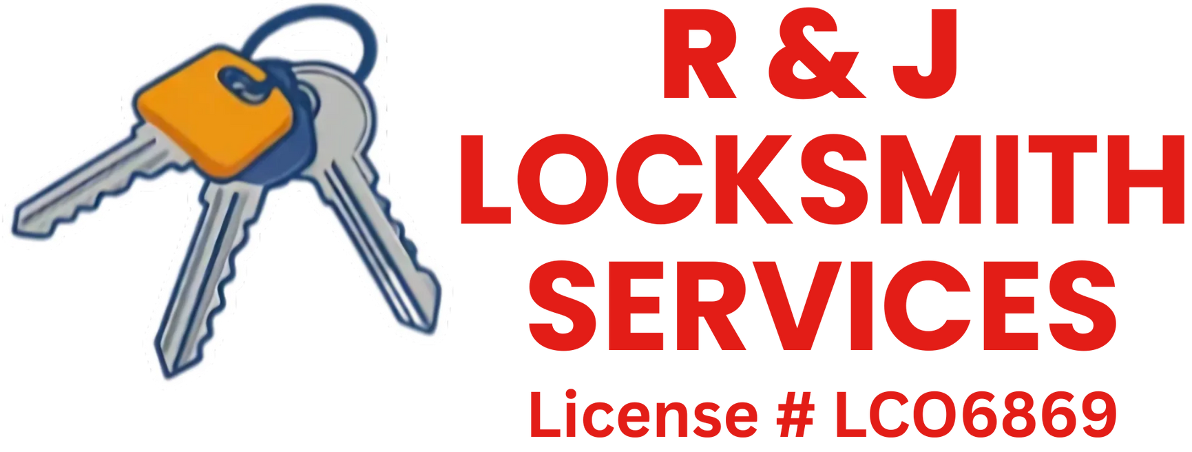 Logo for R & J Locksmith Services, featuring keys with a dark blue loop and an orange key head and red text.