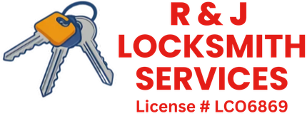 Logo for R & J Locksmith Services, featuring keys with a dark blue loop and an orange key head and red text.