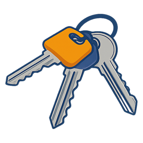 Three keys on a ring, one with an orange fob, another silver, against a white background.