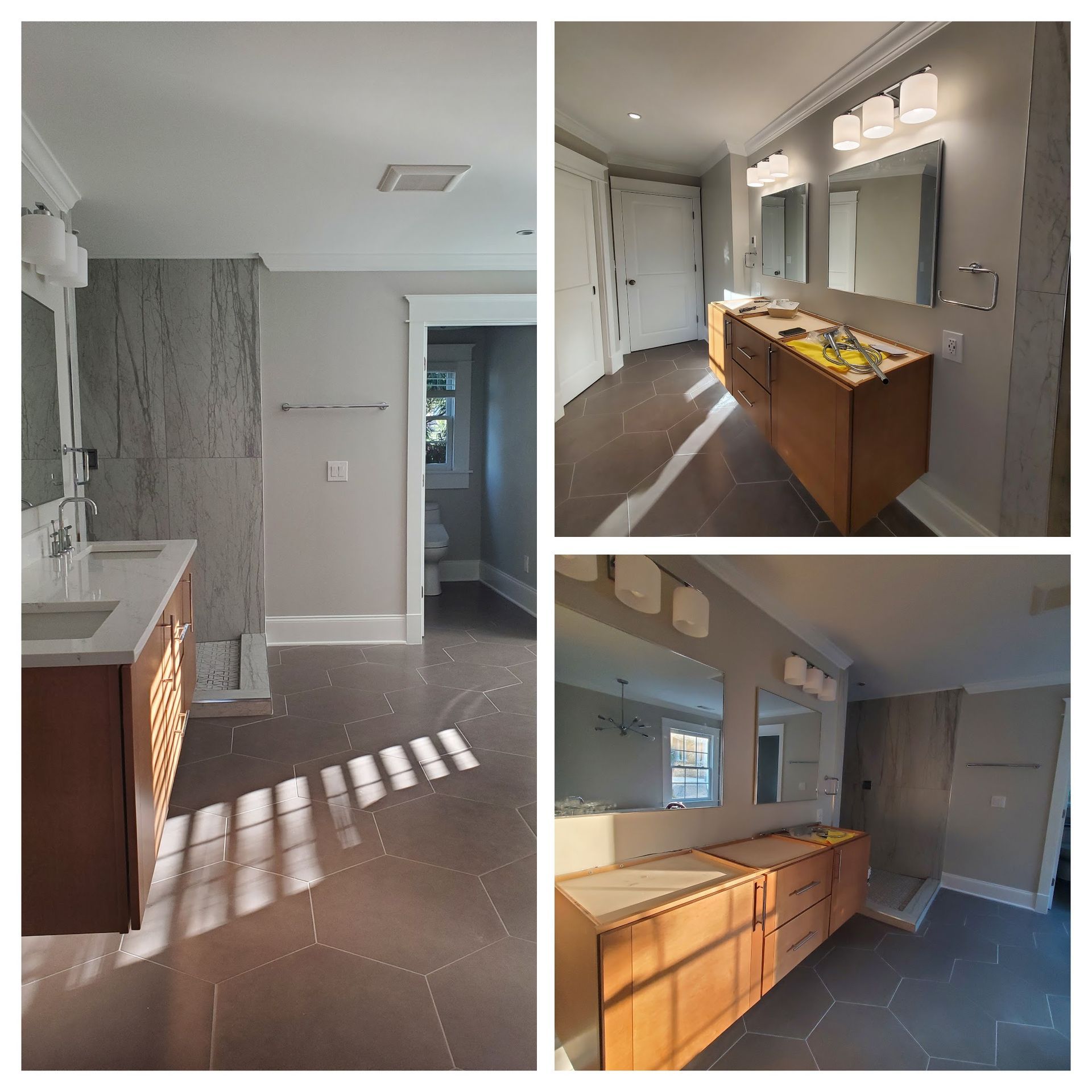 Construction worker inspecting a doorframe, holding a clipboard, wearing a safety vest and yellow hard hat.