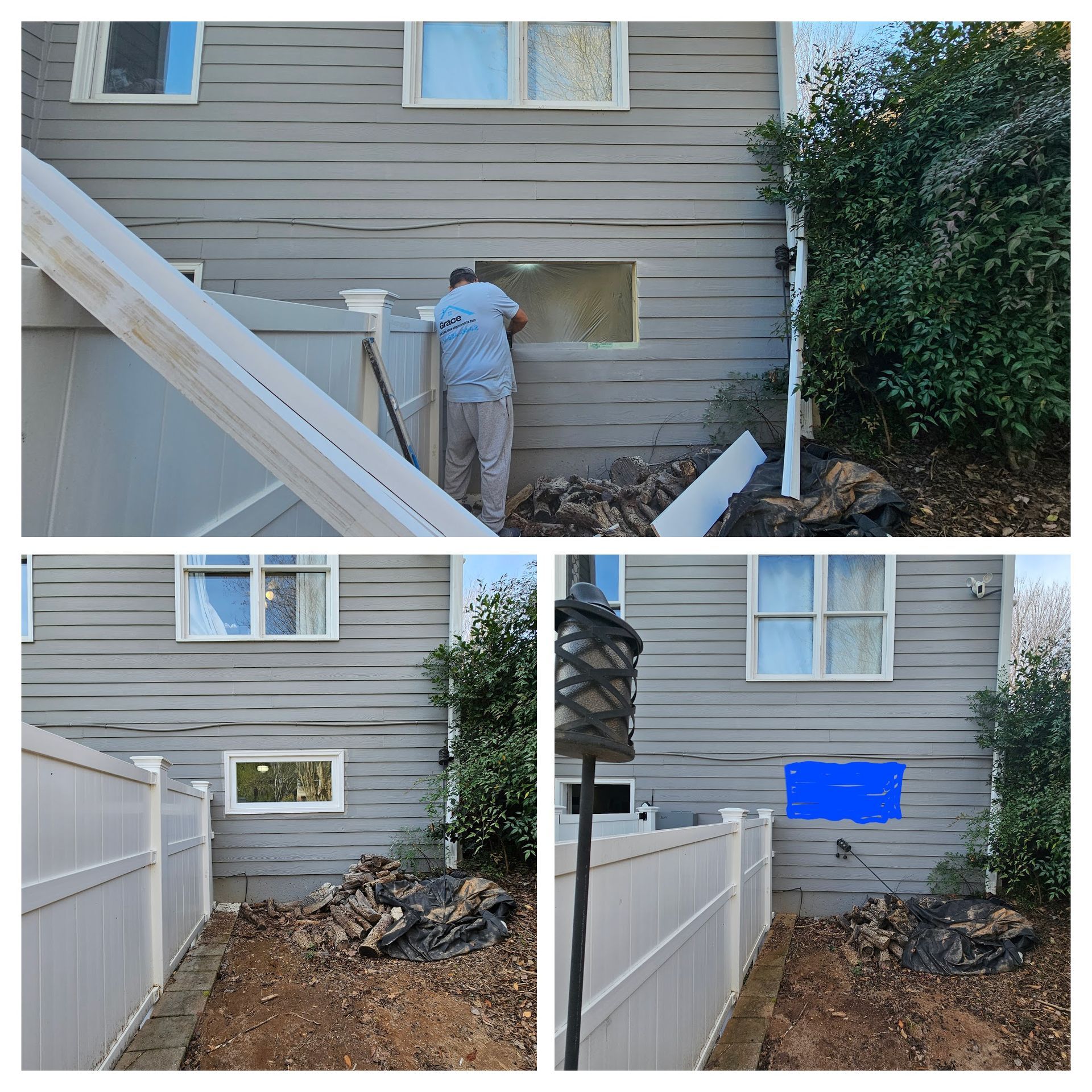 Construction worker repairing a window on a gray house exterior next to a white fence.