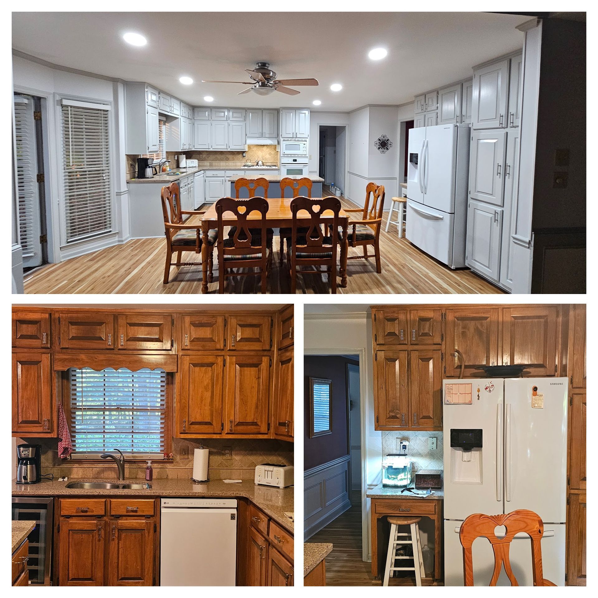 Room covered in plastic, with painted cabinet doors drying on racks; paint buckets and supplies visible.