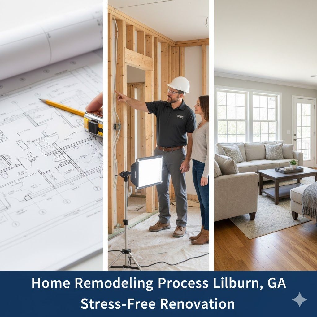 Home remodeling process: blueprints, construction, finished living room in Lilburn, GA.
