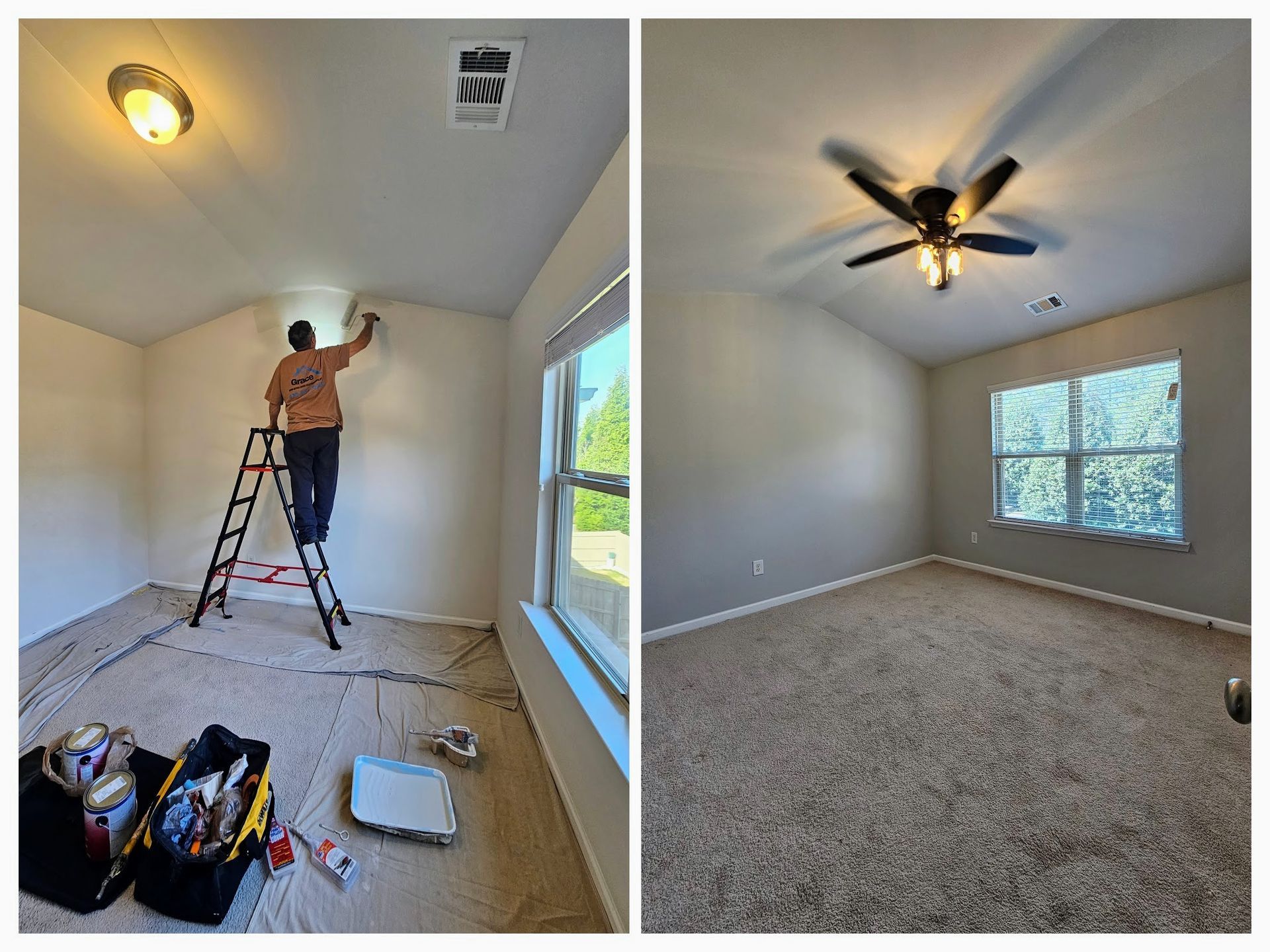 Room covered in plastic, with painted cabinet doors drying on racks; paint buckets and supplies visible.